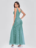 Sleeveless V-neck Tulle Sequins Cocktail Dresses V-back Mermaid Party Prom Gowns Women Formal Occasion Embroidered Robe Vestioes