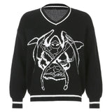 Rapcopter Y2K Sweaters Skulls Pullovers V Neck Knitwear Loose Casual Knitted Tops Women Streetwear Retro Tops Blue 2020 Autumn