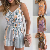 2021 NEW Women's Summer Print Jumpsuit Casual Slim Short Sleeve V-Neck Beach Rompers Sleeveless Bodycon Sexy Playsuit