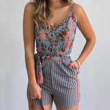 2021 NEW Women's Summer Print Jumpsuit Casual Slim Short Sleeve V-Neck Beach Rompers Sleeveless Bodycon Sexy Playsuit