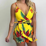 2021 NEW Women's Summer Print Jumpsuit Casual Slim Short Sleeve V-Neck Beach Rompers Sleeveless Bodycon Sexy Playsuit