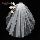 YouLaPan V05 Luxury Bridal Tulle Bridal Veil Pearl Wedding Veil with Hair Comb 1 Tier Short Wedding Veil Cathedral Wedding Veil
