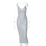 Dulzura Pu Faux Leather Women Slit Midi Dress Strap V Neck Backless Bodycon Sexy Streetwear Party Elegant Autumn Winter Club