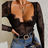 Women Elegant Eyelash Lace Hollow Out Bodysuit 2021 Spring Sexy Solid Color Shorts Romper Lady Fashion Long Sleeve Pullover Tops
