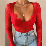 Women Elegant Eyelash Lace Hollow Out Bodysuit 2021 Spring Sexy Solid Color Shorts Romper Lady Fashion Long Sleeve Pullover Tops