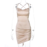 Dulzura Satin Women Strap Mini Dress Ruched Lace Up Cross Bandage Backless Bodycon Sexy Party Elegant 2020 Club Christmas Slim