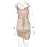 Dulzura Satin Women Strap Mini Dress Ruched Lace Up Cross Bandage Backless Bodycon Sexy Party Elegant 2020 Club Christmas Slim