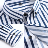 Men's Non-iron Stretch Long Sleeve Striped Dress Shirts Smart Casual Smooth Material Standard-fit Youthful Button-down Shirt