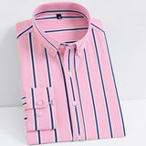 Men's Non-iron Stretch Long Sleeve Striped Dress Shirts Smart Casual Smooth Material Standard-fit Youthful Button-down Shirt