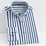 Men's Non-iron Stretch Long Sleeve Striped Dress Shirts Smart Casual Smooth Material Standard-fit Youthful Button-down Shirt