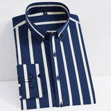 Men's Non-iron Stretch Long Sleeve Striped Dress Shirts Smart Casual Smooth Material Standard-fit Youthful Button-down Shirt