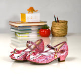 Princess Kids Leather Shoes for Girls Flower Casual Glitter Children High Heel Girls Shoes Butterfly Knot Blue Pink Silver