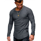 Hot 2021 Solid Color Sleeve Pleated Patch Detail Long Sleeve T-Shirt Men Spring Casual Tops Pullovers Fashion Slim Basic Tops