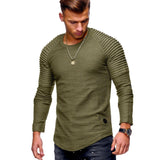 Hot 2021 Solid Color Sleeve Pleated Patch Detail Long Sleeve T-Shirt Men Spring Casual Tops Pullovers Fashion Slim Basic Tops