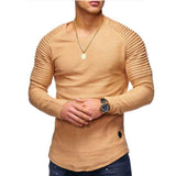 Hot 2021 Solid Color Sleeve Pleated Patch Detail Long Sleeve T-Shirt Men Spring Casual Tops Pullovers Fashion Slim Basic Tops