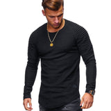 Hot 2021 Solid Color Sleeve Pleated Patch Detail Long Sleeve T-Shirt Men Spring Casual Tops Pullovers Fashion Slim Basic Tops