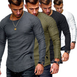 Hot 2021 Solid Color Sleeve Pleated Patch Detail Long Sleeve T-Shirt Men Spring Casual Tops Pullovers Fashion Slim Basic Tops