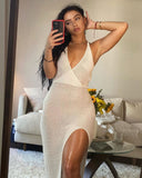 Cryptographic Crochet Beach Maxi Dress for Women See Through Sexy Plunge Backless Bandage Sleeveless Lacing Split Long Dresses