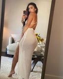 Cryptographic Crochet Beach Maxi Dress for Women See Through Sexy Plunge Backless Bandage Sleeveless Lacing Split Long Dresses