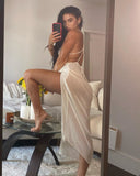 Cryptographic Crochet Beach Maxi Dress for Women See Through Sexy Plunge Backless Bandage Sleeveless Lacing Split Long Dresses