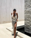 Cryptographic Crochet Beach Maxi Dress for Women See Through Sexy Plunge Backless Bandage Sleeveless Lacing Split Long Dresses
