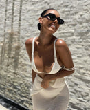Cryptographic Crochet Beach Maxi Dress for Women See Through Sexy Plunge Backless Bandage Sleeveless Lacing Split Long Dresses