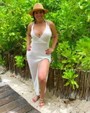 Cryptographic Crochet Beach Maxi Dress for Women See Through Sexy Plunge Backless Bandage Sleeveless Lacing Split Long Dresses