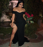 Sexy Black Red Off Shoulder Bridesmaid Dress Tight Packet Hips Slash Neck High Split Wedding Dress Backless Zipper Stretch Dress