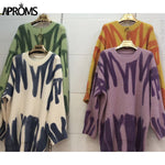 Aproms Elegant Green Striped Print Oversized Pullovers Women Winter O-Neck Loose Long Sweaters Streetwear Warm Outerwear 2021