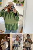 Aproms Elegant Green Striped Print Oversized Pullovers Women Winter O-Neck Loose Long Sweaters Streetwear Warm Outerwear 2021