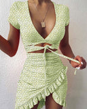 Cryptographic Floral Print Fashion Tie Up Wrap Mini Dress 2021 Summer Holiday Ruffles Sundress Ruched Women's Dress Short Sleeve