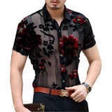 Men Club Party 2019 New DJ Prom Shirt Short Sleeve Chemise Homme Transparent Flower Velvet Shirt Men See Through Lace Shirt