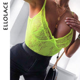 Ellolace Neon Summer 21 Colors Lace Bodysuit Women Floral Embroidery Bow Tie Transparent Sexy Bodysuit Jumpsuit Overalls Party