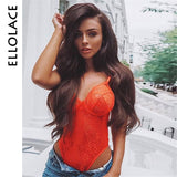 Ellolace Neon Summer 21 Colors Lace Bodysuit Women Floral Embroidery Bow Tie Transparent Sexy Bodysuit Jumpsuit Overalls Party