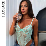 Ellolace Neon Summer 21 Colors Lace Bodysuit Women Floral Embroidery Bow Tie Transparent Sexy Bodysuit Jumpsuit Overalls Party