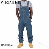 WEPBEL Men's Denim Bib Pants Full Length Jeans Jumpsuits Hip Hop Straight Jeans Overalls for Men Streetwear