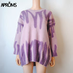 Aproms Elegant Green Striped Print Oversized Pullovers Women Winter O-Neck Loose Long Sweaters Streetwear Warm Outerwear 2021