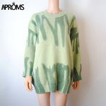 Aproms Elegant Green Striped Print Oversized Pullovers Women Winter O-Neck Loose Long Sweaters Streetwear Warm Outerwear 2021