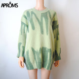 Aproms Elegant Green Striped Print Oversized Pullovers Women Winter O-Neck Loose Long Sweaters Streetwear Warm Outerwear 2021