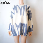 Aproms Elegant Green Striped Print Oversized Pullovers Women Winter O-Neck Loose Long Sweaters Streetwear Warm Outerwear 2021