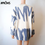 Aproms Elegant Green Striped Print Oversized Pullovers Women Winter O-Neck Loose Long Sweaters Streetwear Warm Outerwear 2021