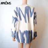 Aproms Elegant Green Striped Print Oversized Pullovers Women Winter O-Neck Loose Long Sweaters Streetwear Warm Outerwear 2021