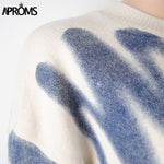 Aproms Elegant Green Striped Print Oversized Pullovers Women Winter O-Neck Loose Long Sweaters Streetwear Warm Outerwear 2021