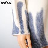 Aproms Elegant Green Striped Print Oversized Pullovers Women Winter O-Neck Loose Long Sweaters Streetwear Warm Outerwear 2021