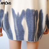 Aproms Elegant Green Striped Print Oversized Pullovers Women Winter O-Neck Loose Long Sweaters Streetwear Warm Outerwear 2021