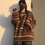 Pullovers Women Oversize Ulzzang BF Unisex Couples Japanese Striped Knit Sweater Hip Hop Female New Winter Fashion Retro Daily