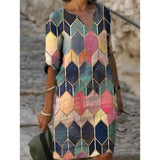 Half Sleeved V Neck Printed Loose Dress Women's Fashion Casual Vintage Spring Autumn All-match Plus Size Beach Dresses Vestidos