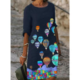 Half Sleeved V Neck Printed Loose Dress Women's Fashion Casual Vintage Spring Autumn All-match Plus Size Beach Dresses Vestidos