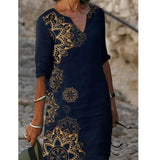 Half Sleeved V Neck Printed Loose Dress Women's Fashion Casual Vintage Spring Autumn All-match Plus Size Beach Dresses Vestidos
