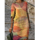 Half Sleeved V Neck Printed Loose Dress Women's Fashion Casual Vintage Spring Autumn All-match Plus Size Beach Dresses Vestidos